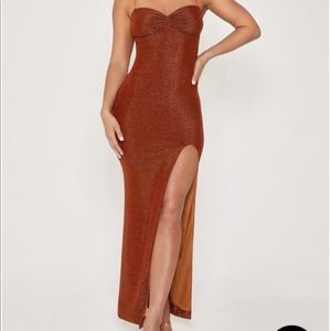MESHKI Mabel Shimmering Orange Sexy Slit Dress